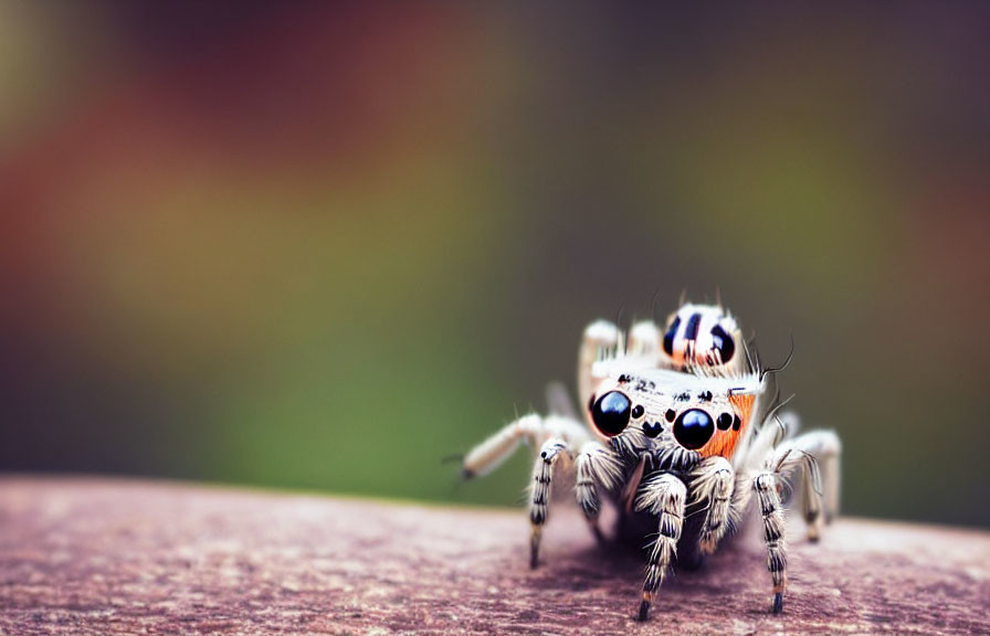 Colorful Jumping Spider Close-Up with Prominent Eyes on Blurred Background