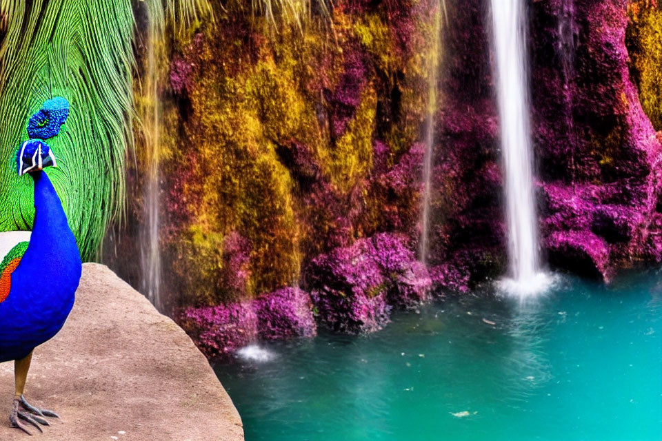 Colorful Peacock by Cascading Waterfall and Teal Pond