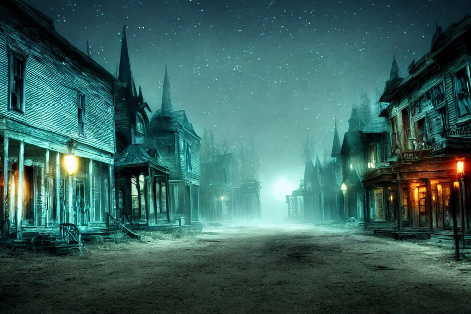 Desolate Ghost Town Street with Old Wooden Buildings