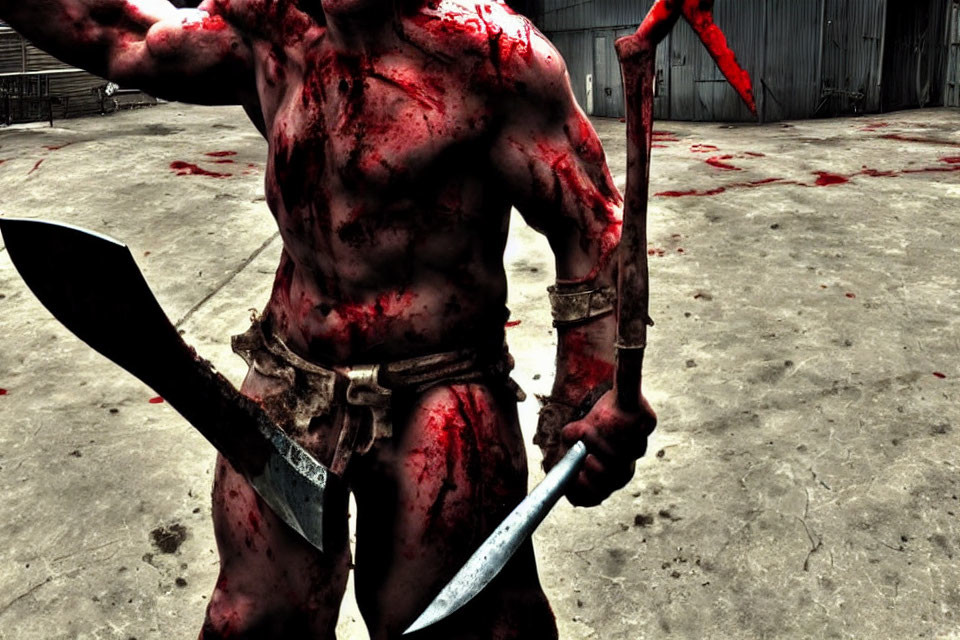 Muscular figure with knife and sickle in blood-splattered environment