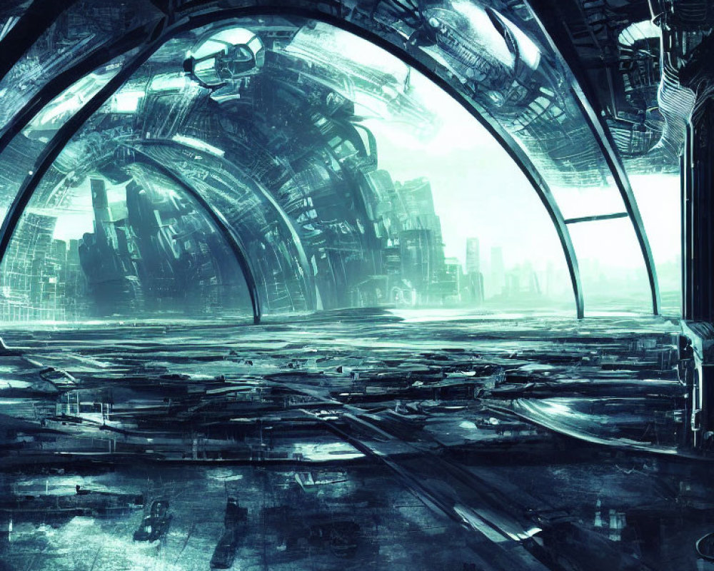Futuristic Dome Interior with Metallic Panels and Glass in Sci-Fi Cityscape