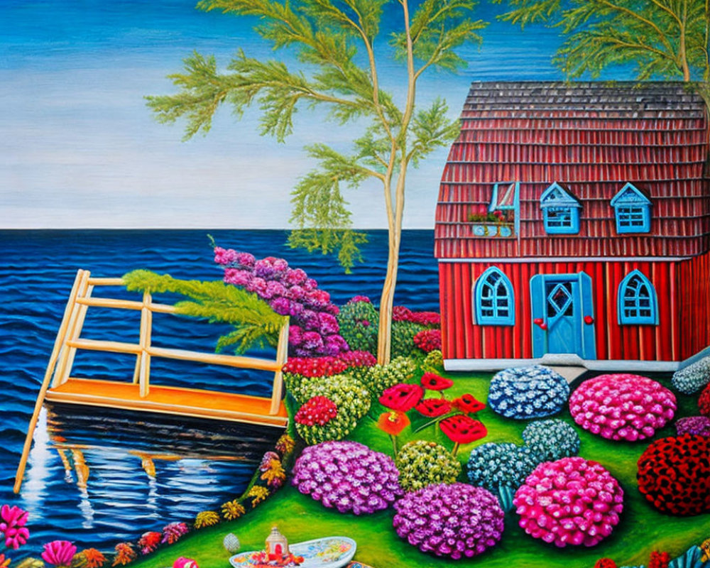 Colorful painting of red house, blue roof by the sea with boat and picnic blanket
