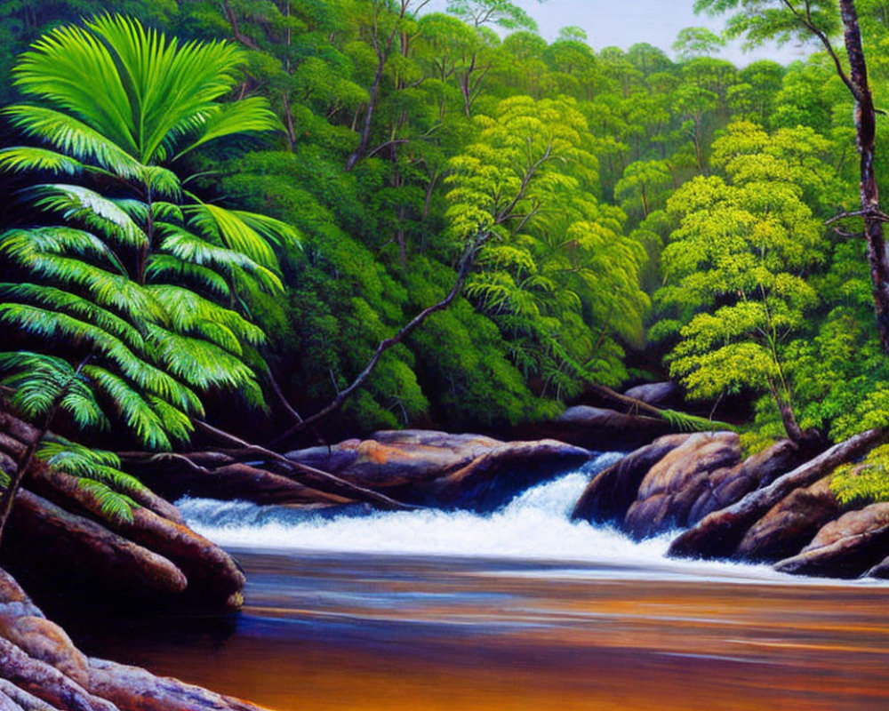 Serene river painting with lush green foliage