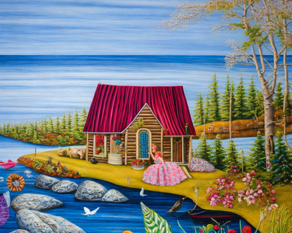 Vibrant painting of whimsical seaside cottage with woman in pink dress