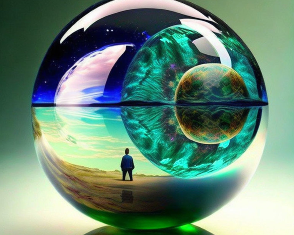 Person standing before large surreal glass sphere reflecting cosmic and earthly landscapes