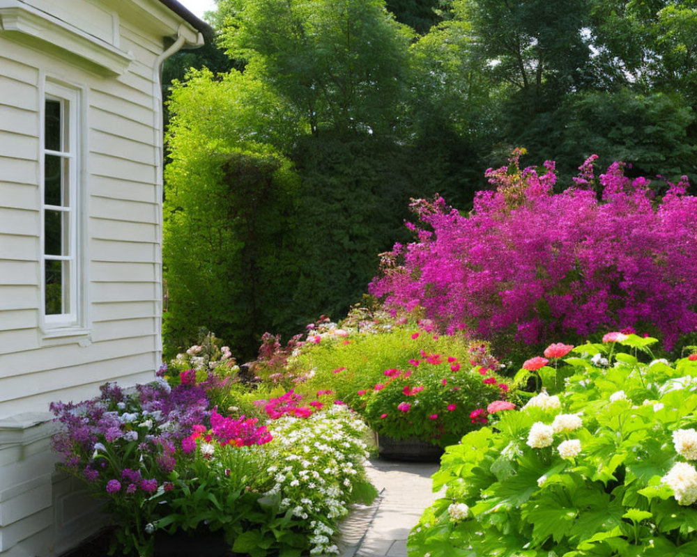 Vibrant pink and white blooms in lush garden by white house and stone path