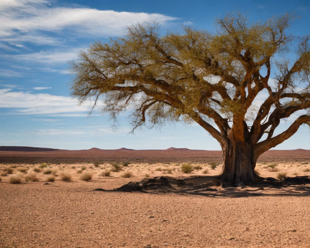 Large tree with thick trunk in desert landscape