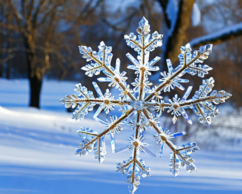 Snowflake ornament hanging in snowy landscape with tree shadows and blue sky