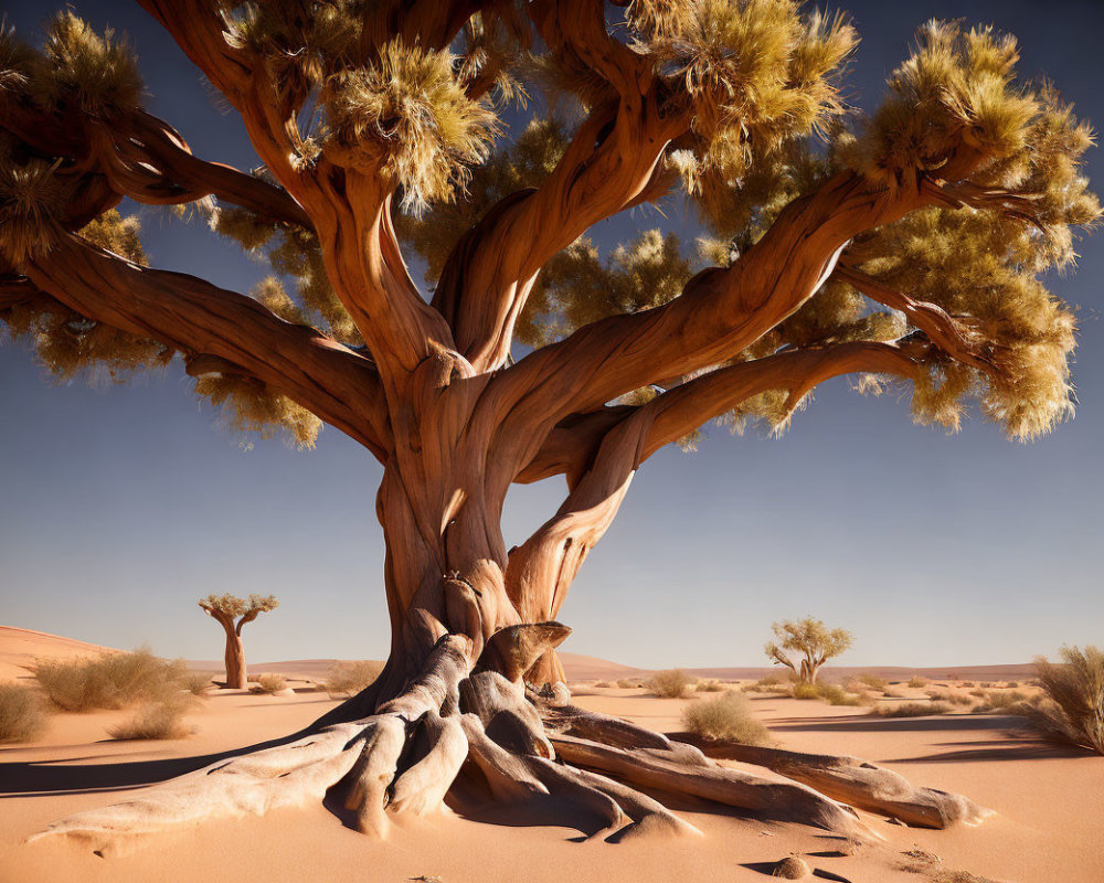 Majestic tree with twisting trunk in desert landscape