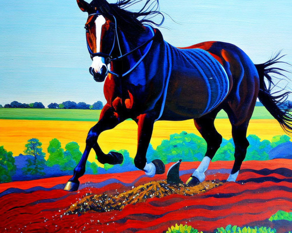 Majestic black horse painting galloping in vibrant field