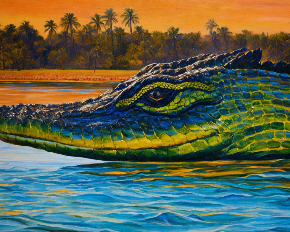 Close-up Crocodile Head Painting with Vibrant Colors and Tropical Sunset Background