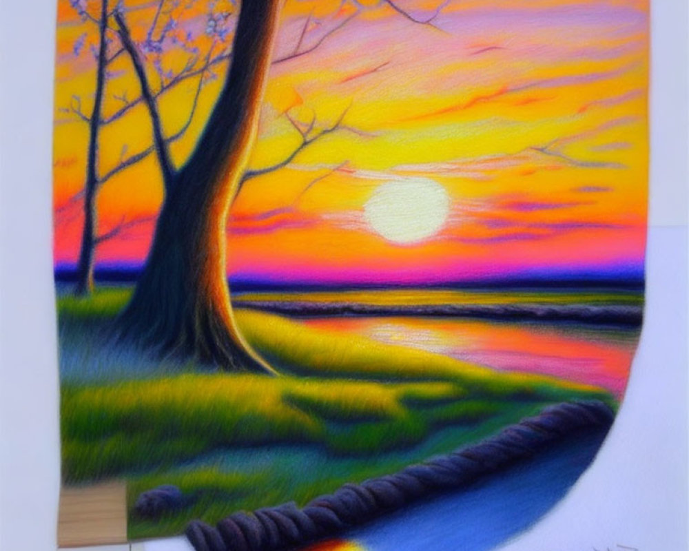 Sunset painting with vibrant oranges and yellows, tree, sun reflection, 3D canvas edge