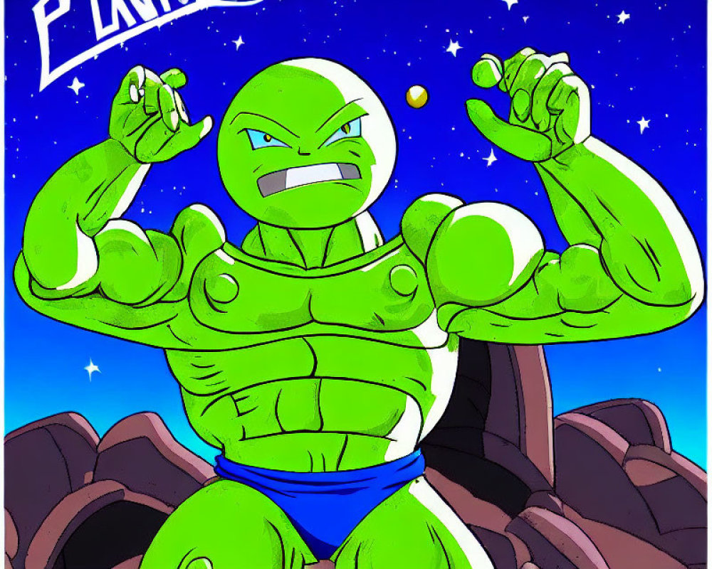 Muscular green alien cartoon character in blue pants against starry space background
