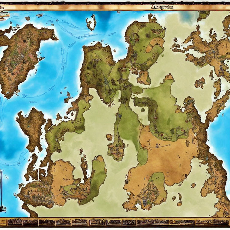 Detailed Fantasy-Style Map with Islands, Continents, Mountains, Forests, Rivers, and O