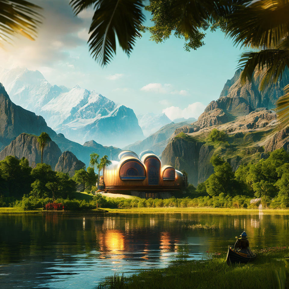 Tranquil lake scene with person canoeing, futuristic domed buildings, lush mountains, and clear