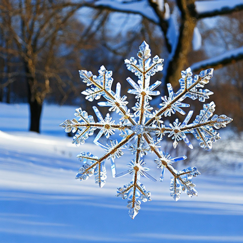 Snowflake ornament hanging in snowy landscape with tree shadows and blue sky