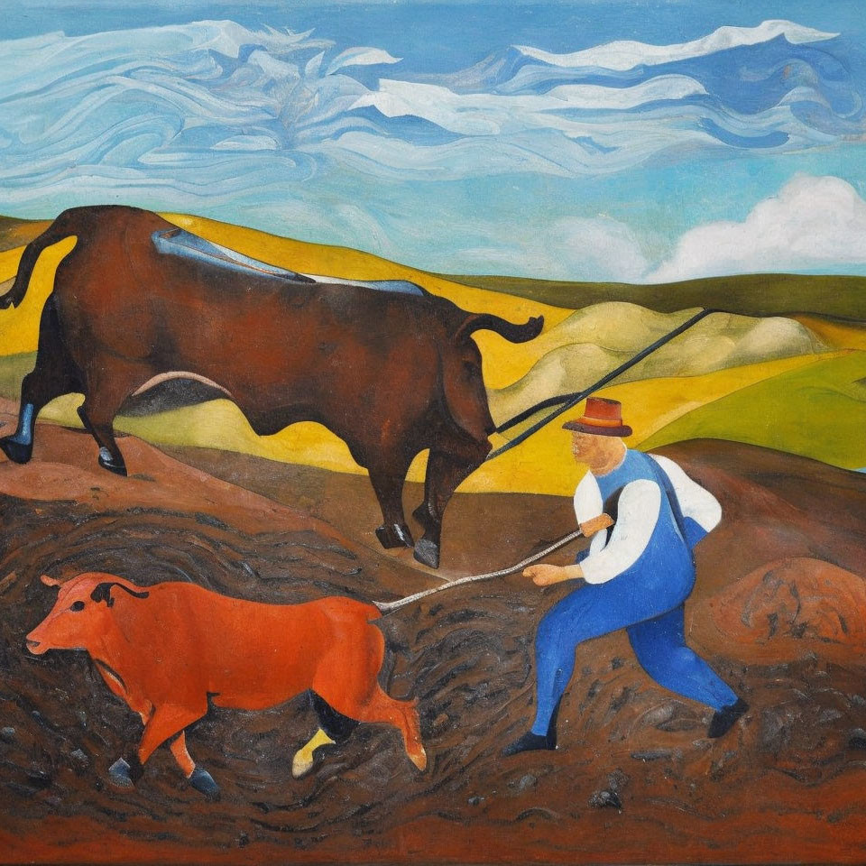 Rural landscape painting: farmer plowing field with oxen under blue sky