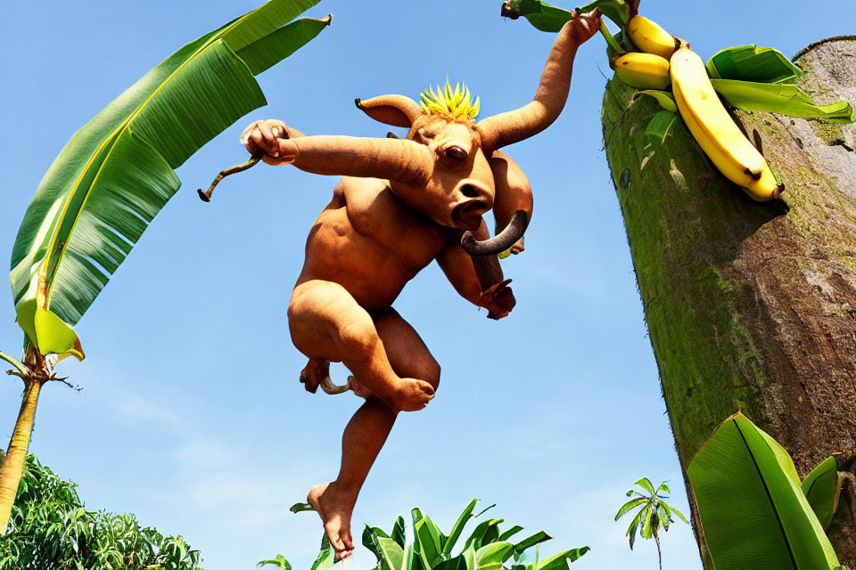 Bull-headed creature with banana hair in tropical setting
