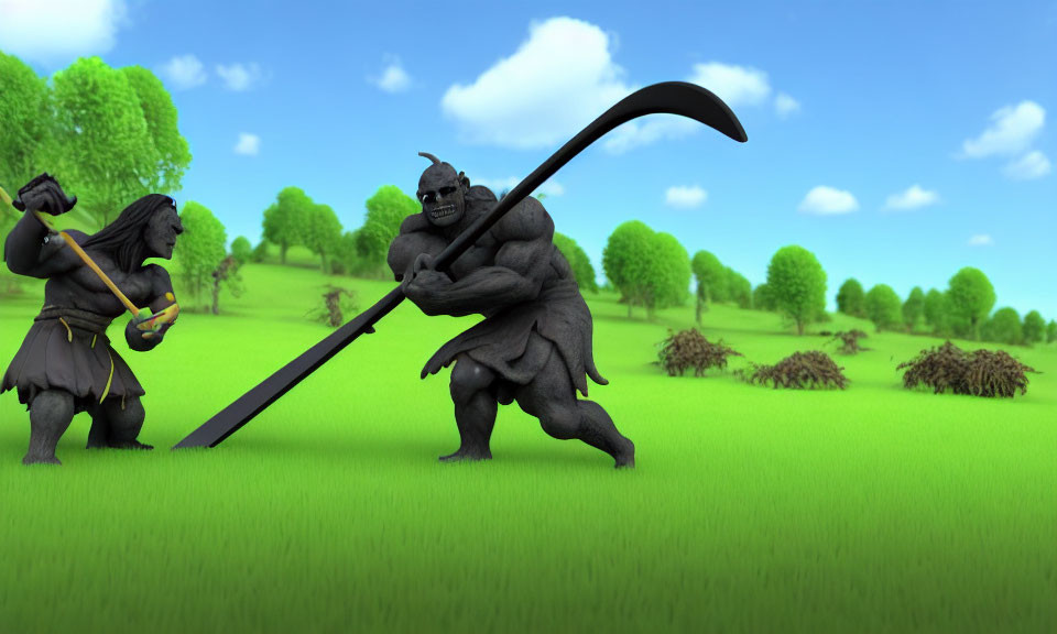 Animated ogre-like creatures with large weapons in lush green landscape