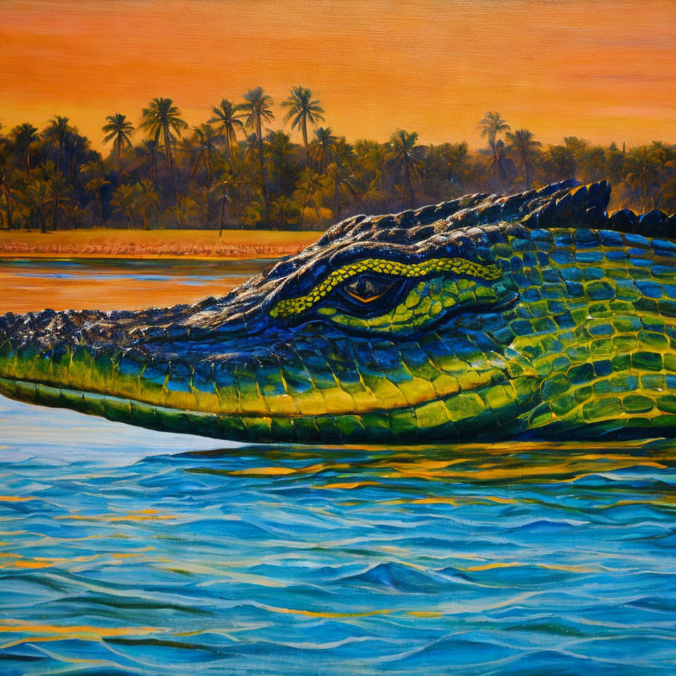 Close-up Crocodile Head Painting with Vibrant Colors and Tropical Sunset Background