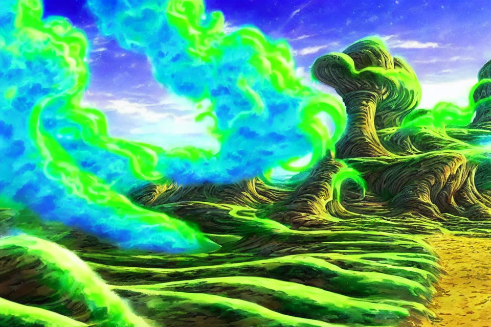 Surreal landscape with twisted green structures and blue flames under golden sky