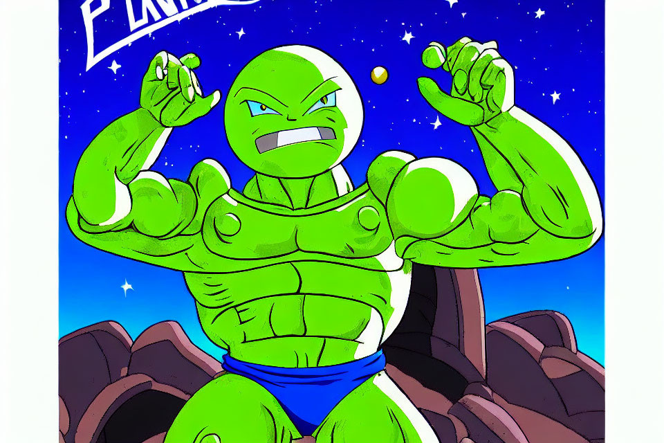 Muscular green alien cartoon character in blue pants against starry space background