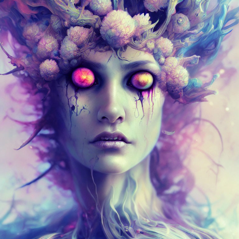 Fantasy portrait of woman with glowing eyes and floral crown on purple background