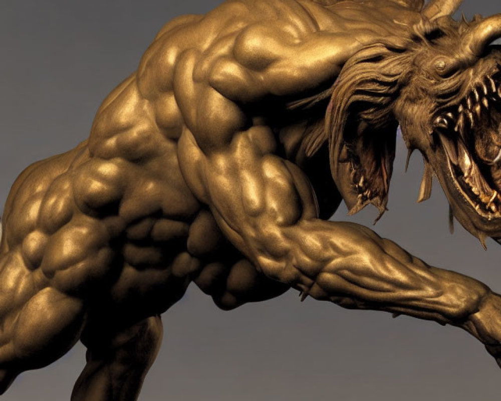 Fantastical muscular creature with sharp horns and fierce lion-like face.