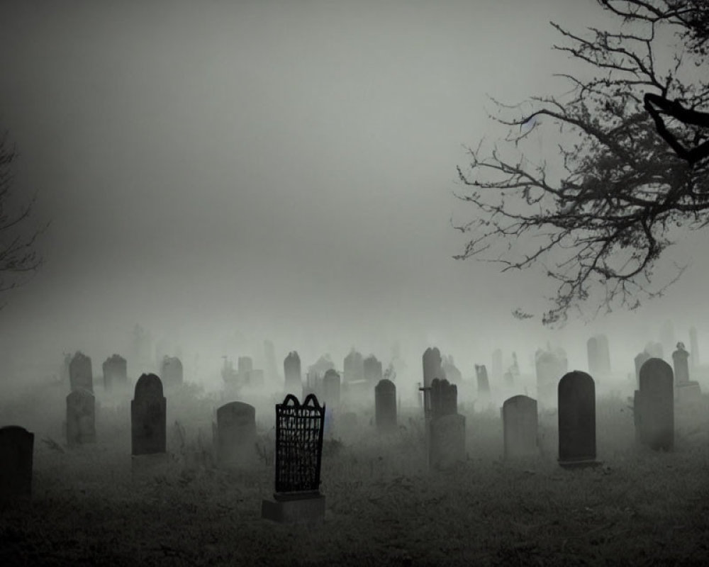 Foggy graveyard with tombstones and bare tree under gloomy sky