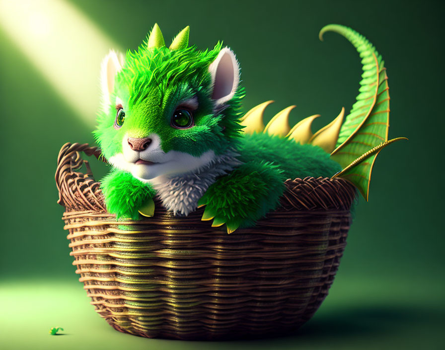 Green furry creature with dragon-like spikes in wicker basket under soft lighting