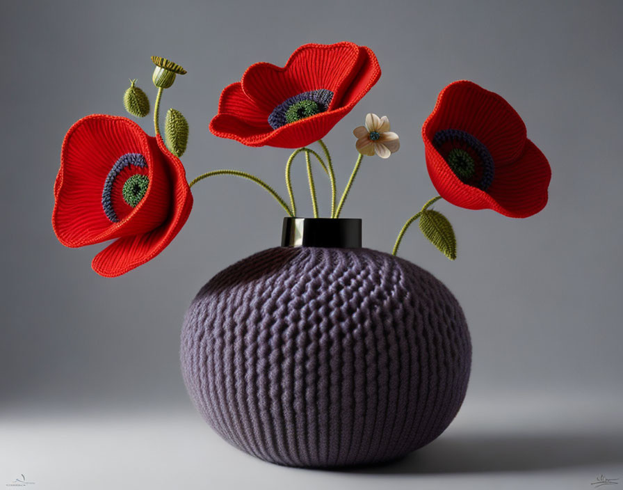 Purple Knitted Vase with Red Poppies on Green Stems