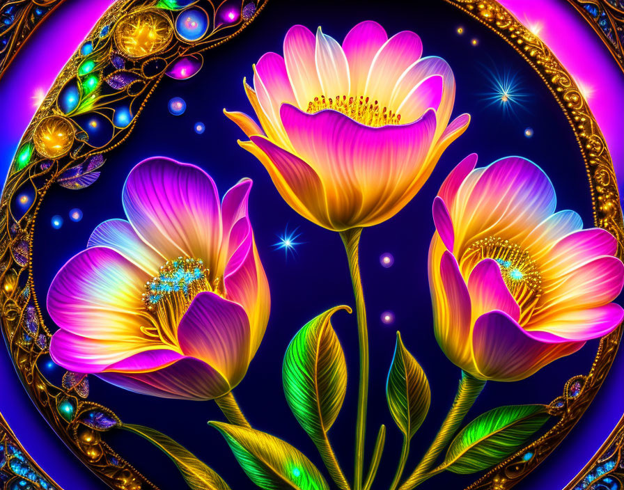 Neon-lit flowers with glowing edges on jeweled border