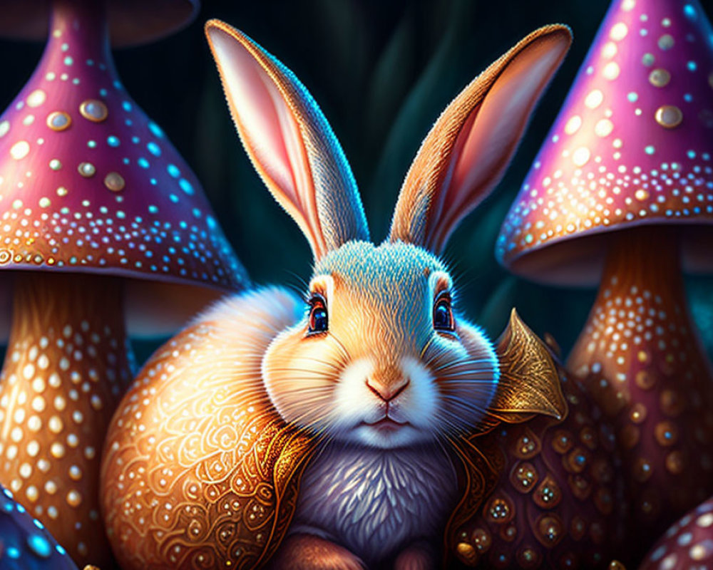 Colorful digital illustration: Whimsical rabbit with intricate patterns among fantastical mushrooms and lush foliage