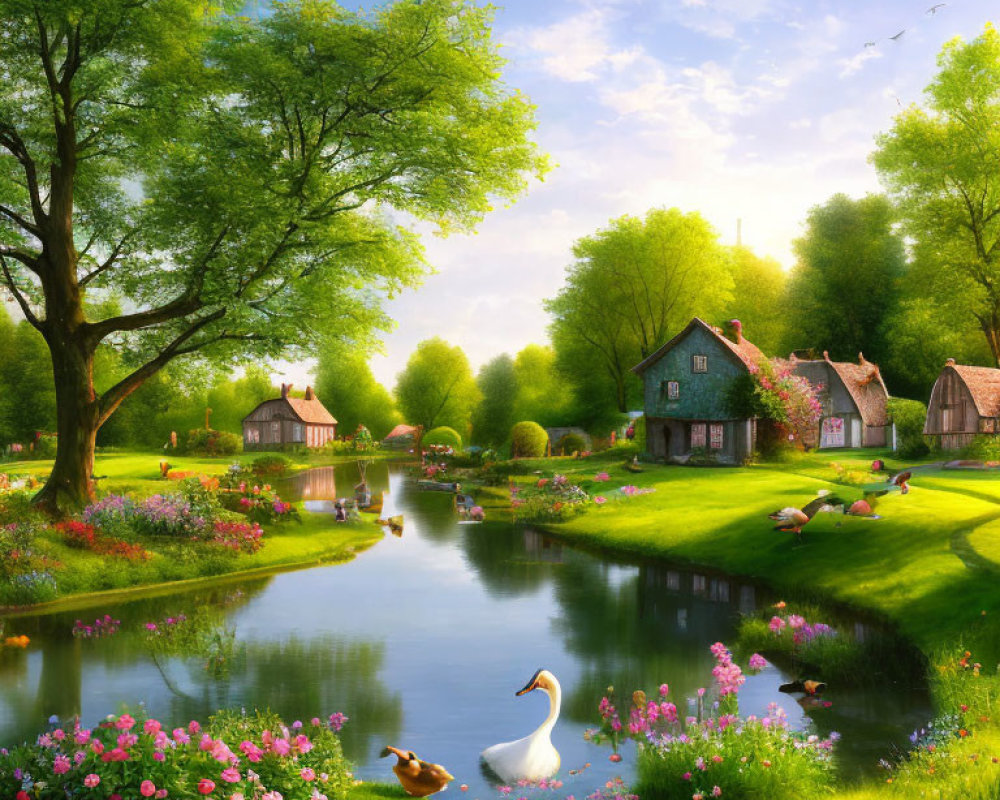 Tranquil village scene with cottages, river, wildlife, and flowers