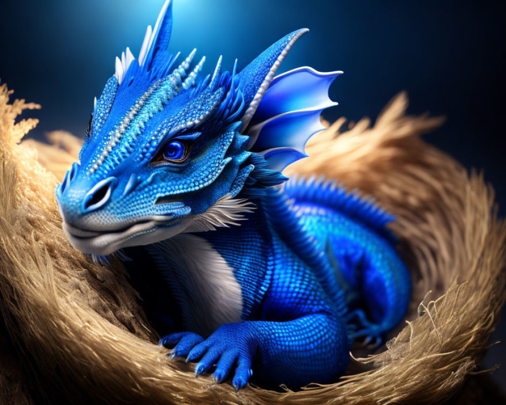 Blue dragon with intricate scales and prominent horns in nest against dark background