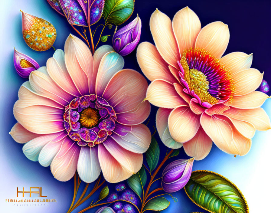 Colorful digital artwork featuring stylized flowers and a water droplet with intricate patterns and jewel tones