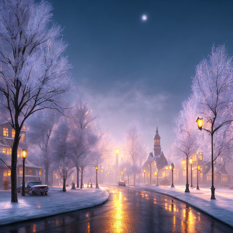 Snowy Trees and Streetlights on Winter Evening with Church Steeple and Moon