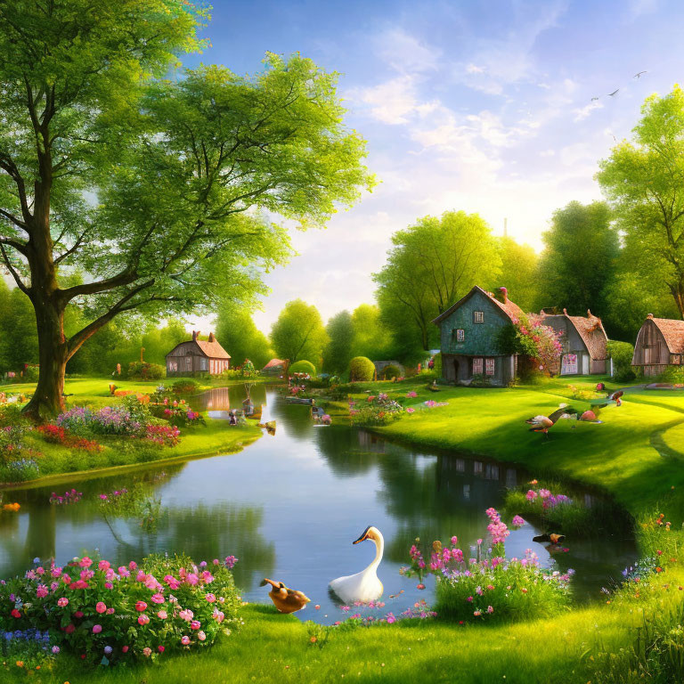 Tranquil village scene with cottages, river, wildlife, and flowers