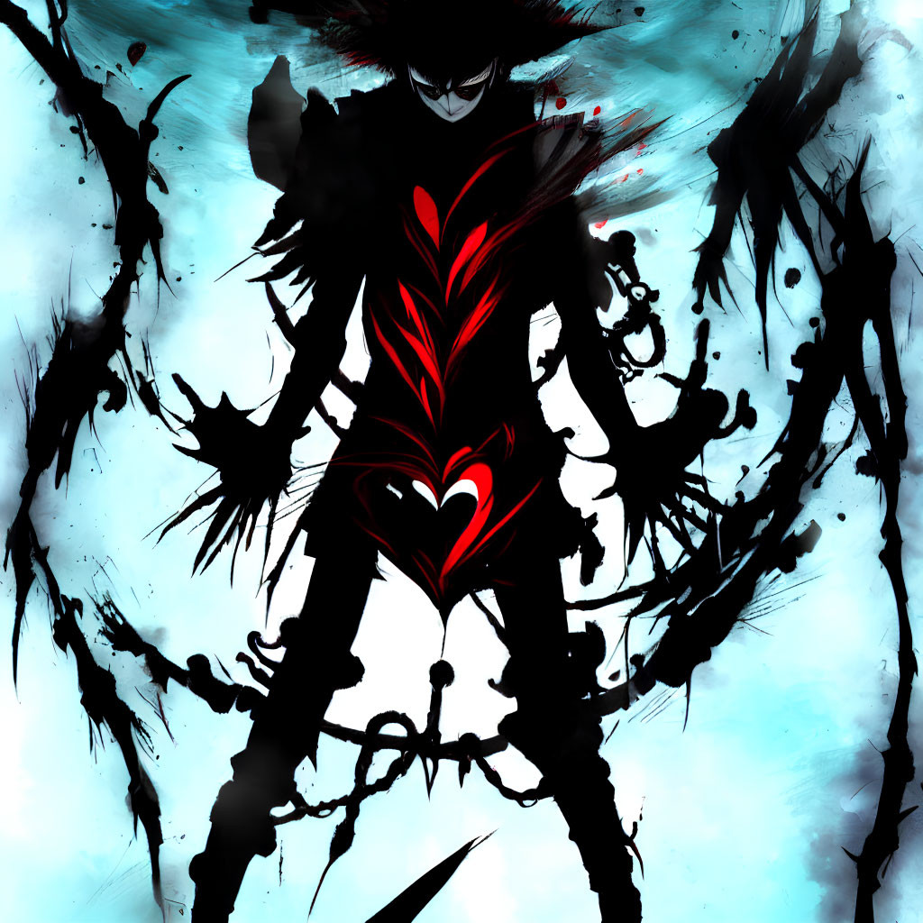 Stylized Figure with Red Heart Symbol in Black Ink Splatters on Blue Background