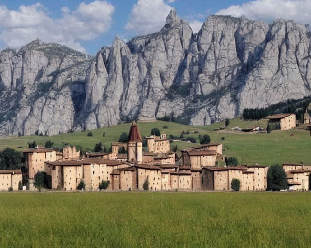 Scenic village with uniform buildings, church spire, lush field, and towering mountains