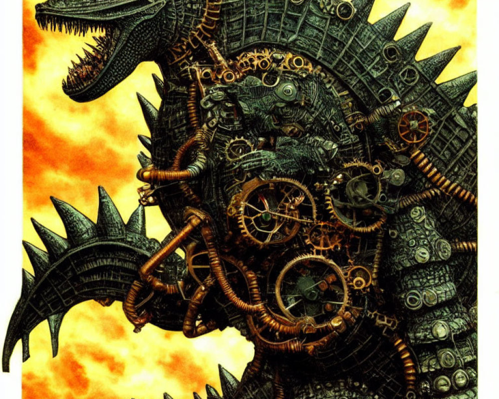 Detailed illustration of mechanical Godzilla-like creature with gears and metallic parts against orange sky