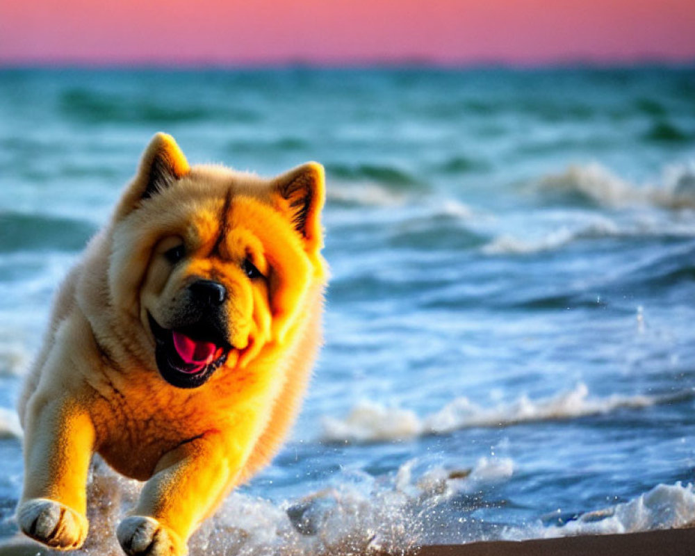 Chow Chow dog playing on sandy beach at sunset