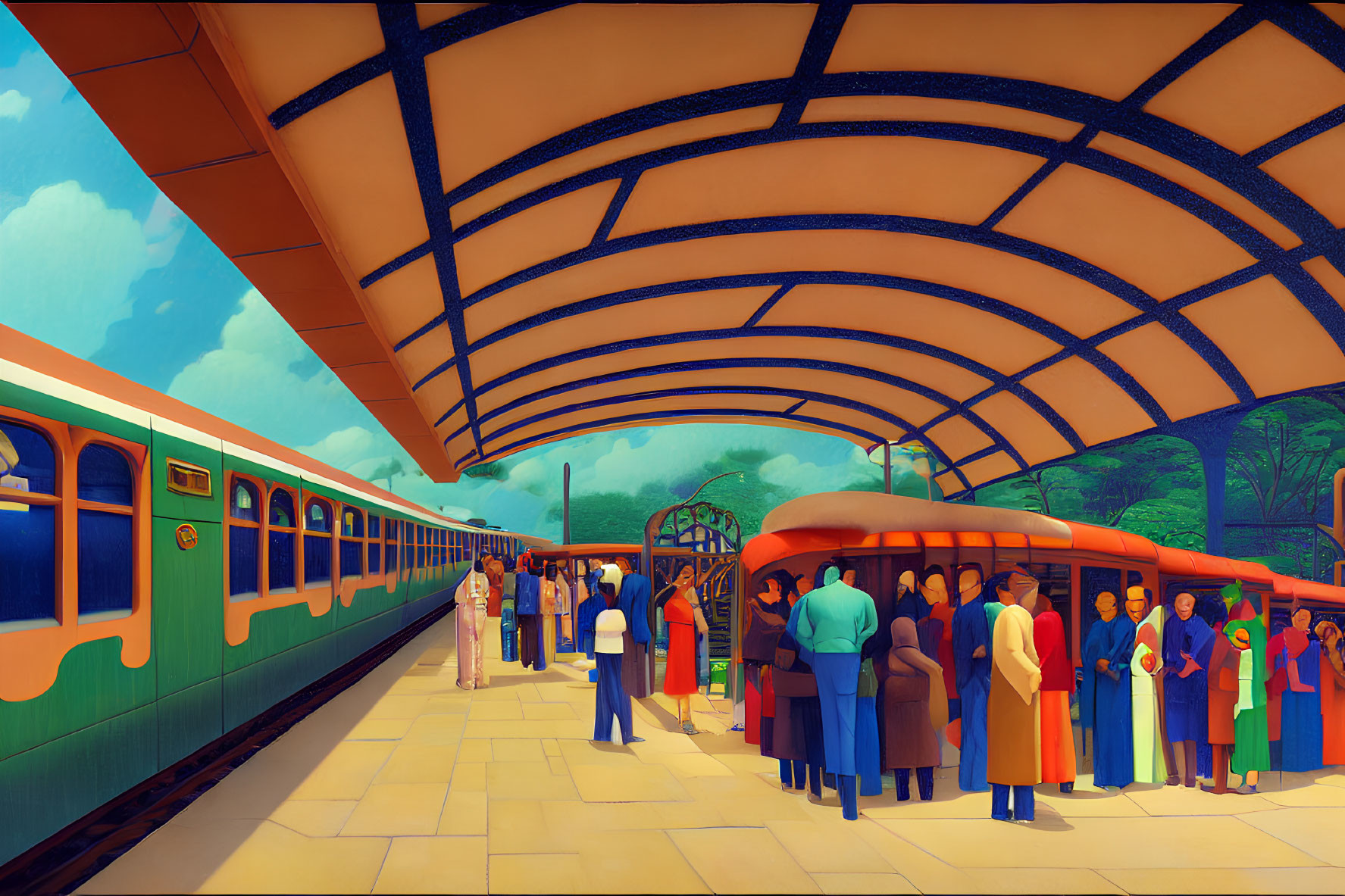 Vintage Train Station Illustration with Early 20th-Century Style People