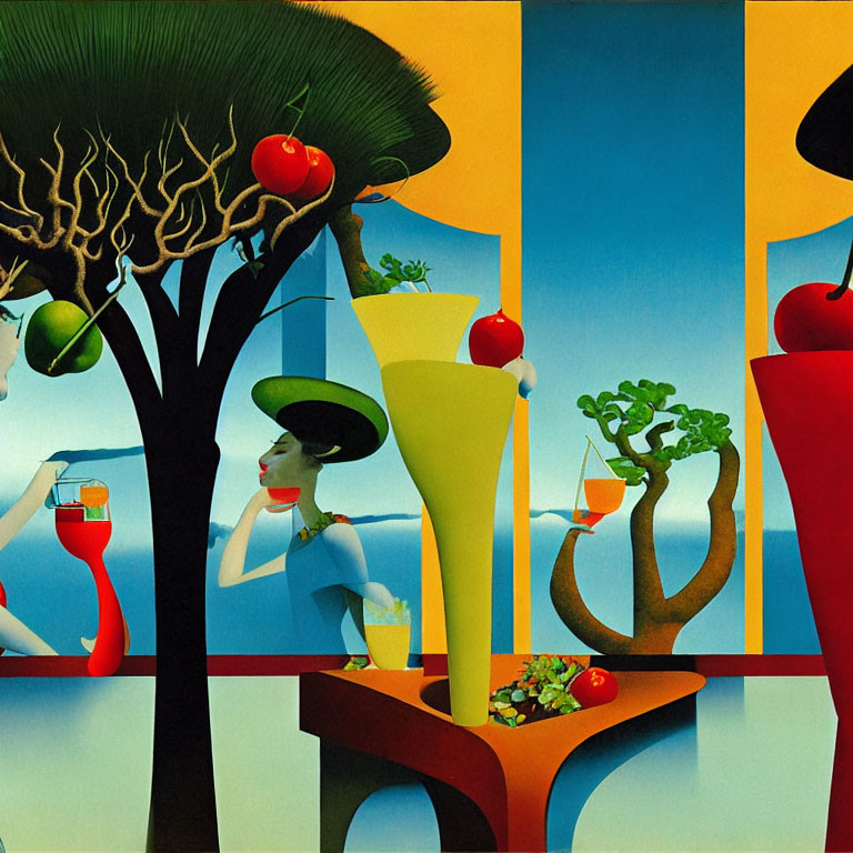 Surreal illustration of stylized figures with apples and drinks on blue background