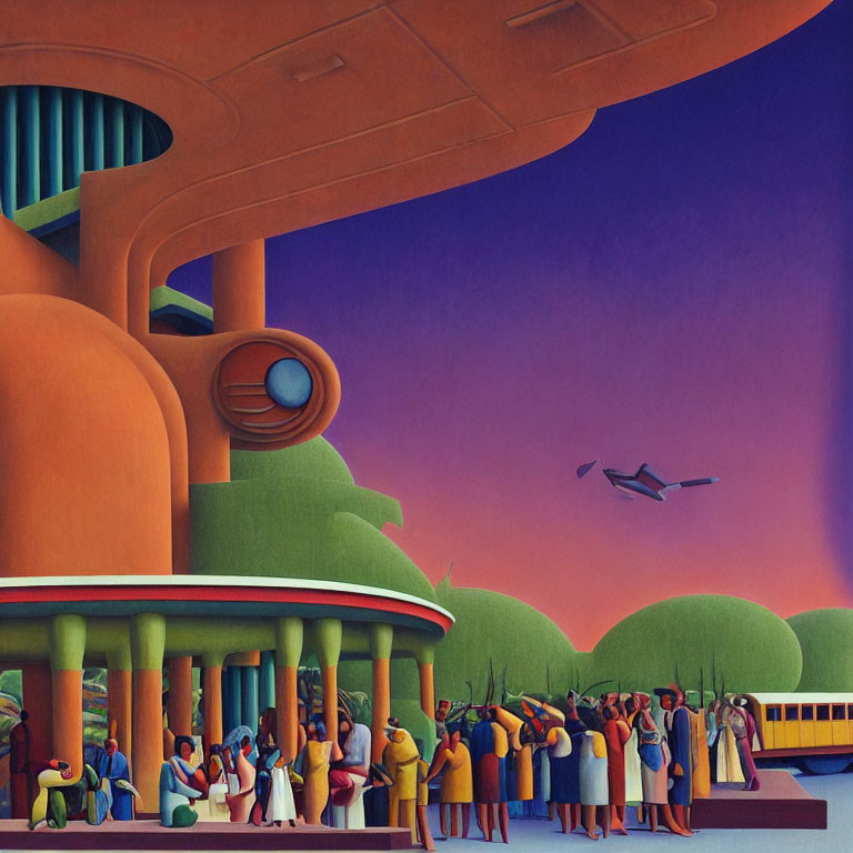 Vibrant retro-futuristic illustration of people at transportation hub