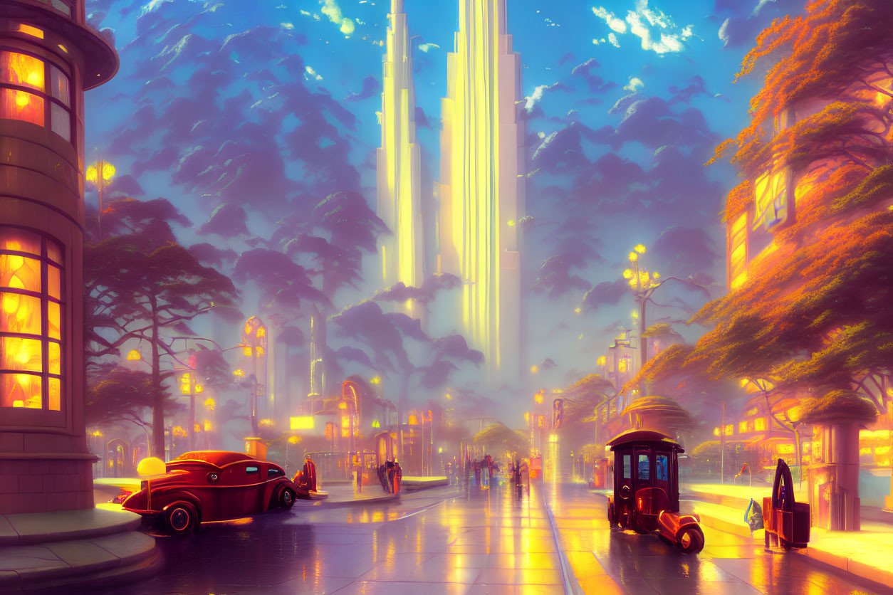 Vibrant futuristic cityscape with vintage car, tram, skyscrapers, and forest