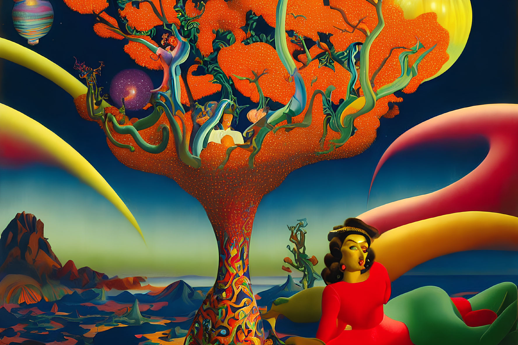 Vibrant tree, whimsical creatures, woman in red in surreal landscape