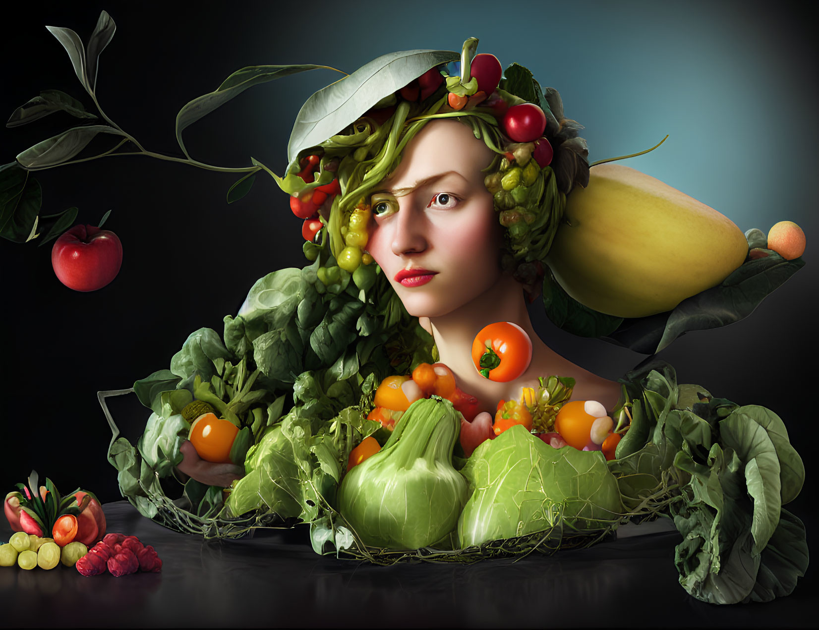 Person adorned with fruits and vegetables symbolizing bountiful harvest