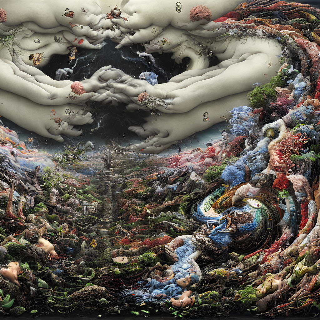 Detailed Surreal Landscape with Human Forms and Nature Elements