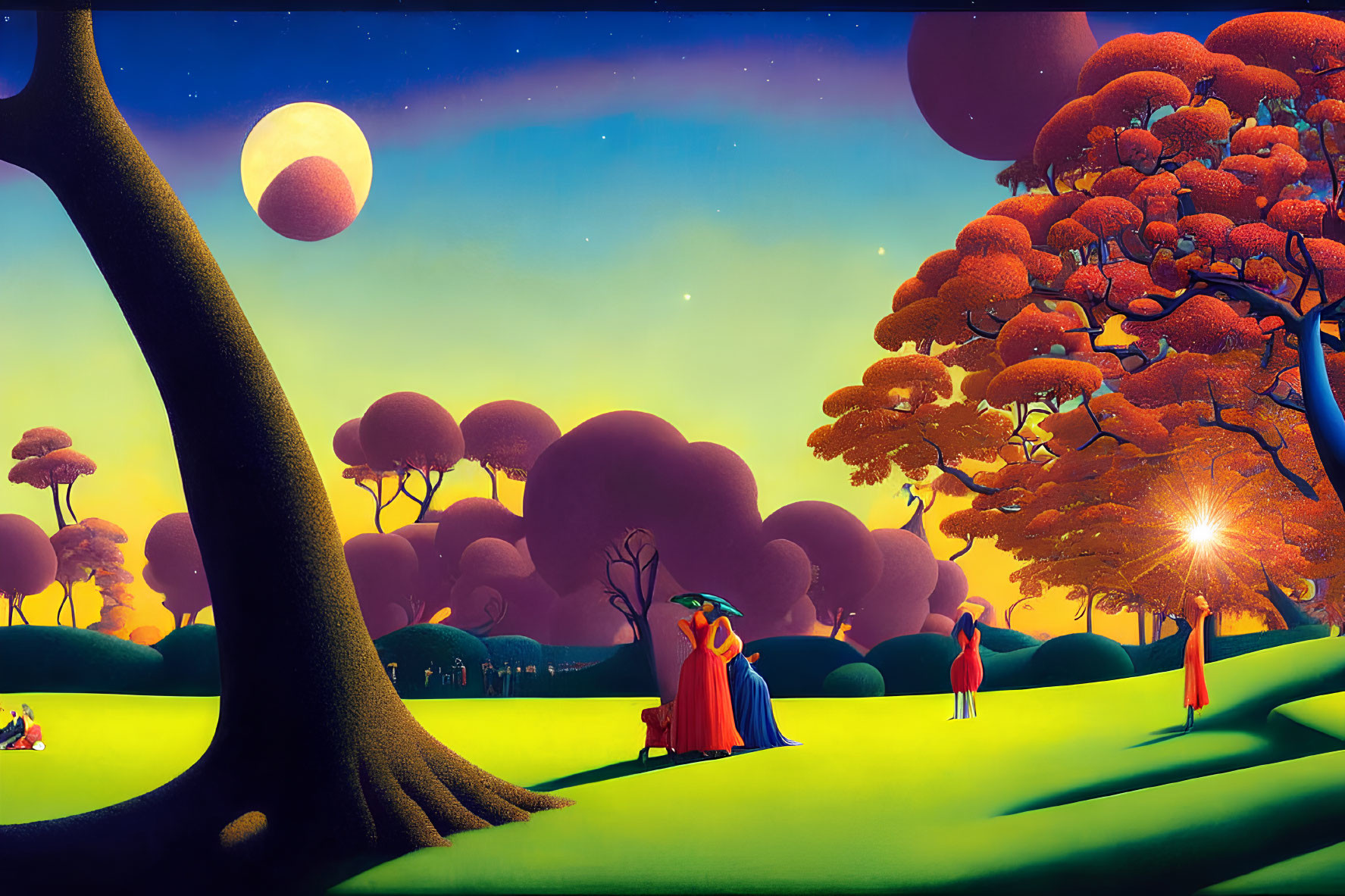 Colorful artwork of enchanting twilight landscape with moon, people in red, whimsical trees, glowing